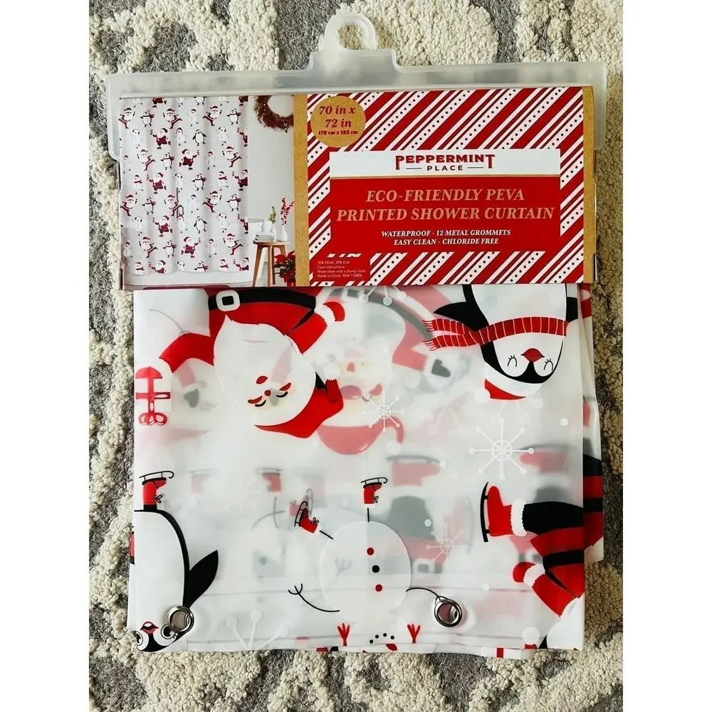 NIB❤️Peppermint Place Santa with Snowman and Penguins Peva Shower Curtain
